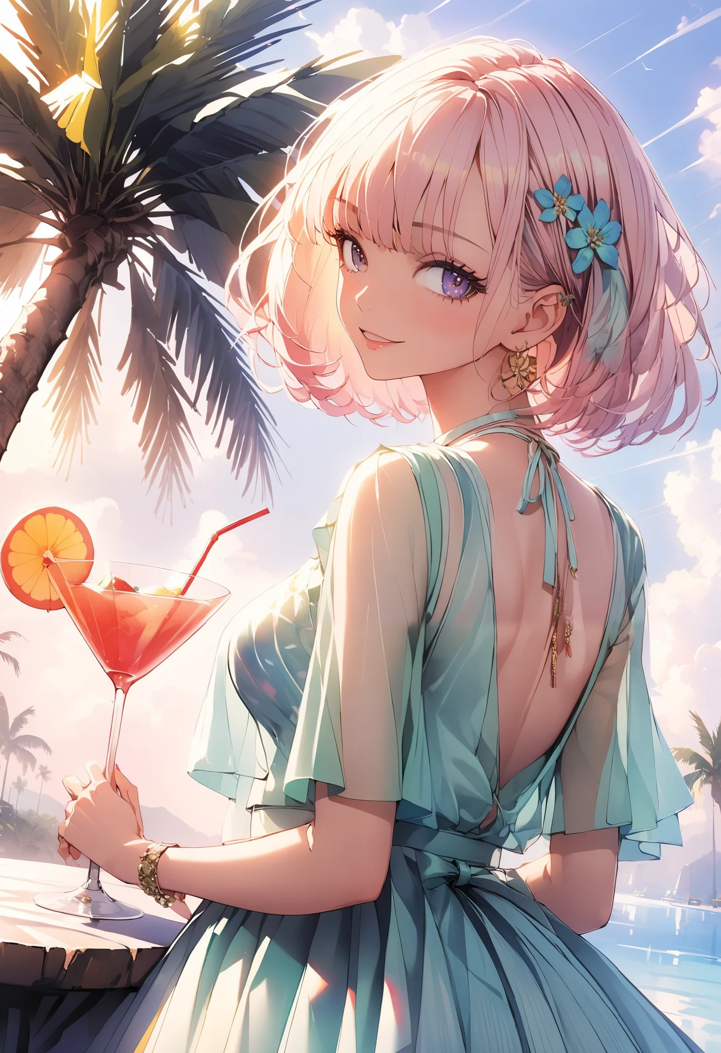 1 girl,  Beautiful Hairstyle ,  Short Hair ,  sexy , Charming, Darling, Fantastic, fabulous,  Full Height,  Perfect anatomy ,  Complex textures , dress, shoes, mysterious, bright, Fashionable, Beautiful Colors,  better quality,  background Summer day , palm trees, Watermelons, Cocktail, table, brace , 8 k,  complex details ,  As detailed as possible,  complex details , 