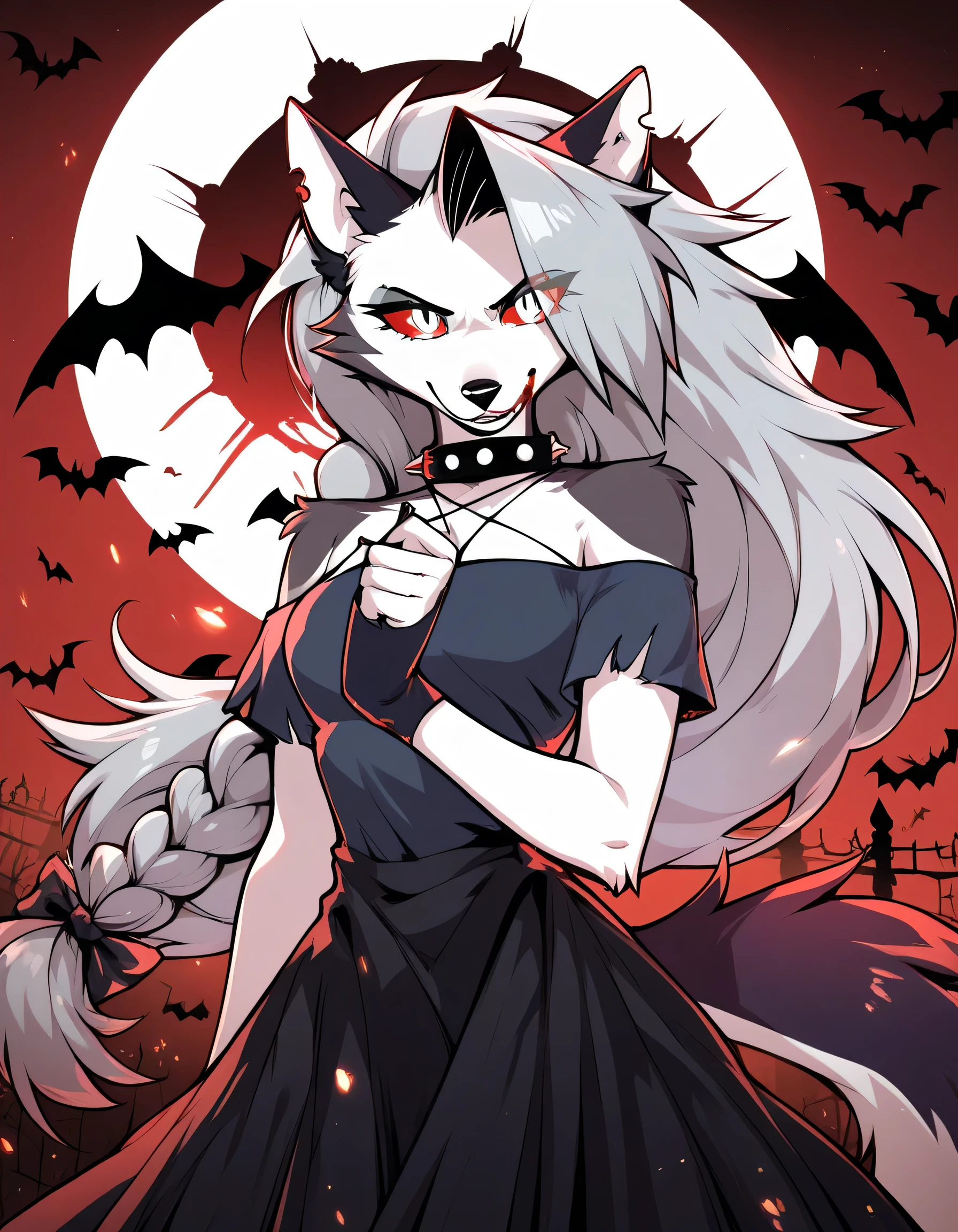 safe content, by vivzmind, mammal, canid, canid demon, demon, canine, monster, anthro, female, fur, solo, hair, white body, white fur, helluva boss, holidays, hellhound, loona, red sclera, dress, white eyes, braided hair, halloween, blood, official art, blood from eye