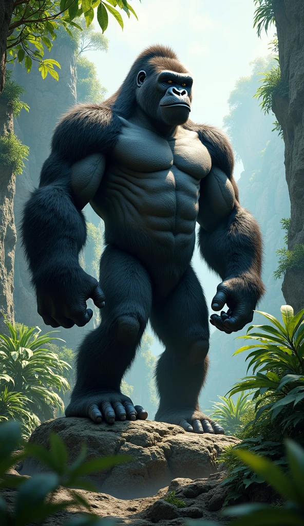 "A powerful silverback gorilla standing tall on a rocky outcrop, flexing its muscular arms, with intense facial expression, and lush jungle foliage in the background."

