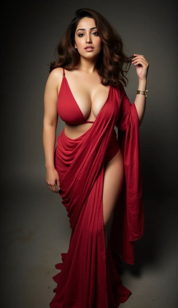 A woman, wearing erotic saree , pale white skin tone ,looking at viewer, sensual pose, dramatic lighting, chiaroscuro, cinematic, dark, haunting, dramatic, moody, high contrast, vivid colors, glowing skin, oil painting, digital art, hyper realistic, photorealistic, best quality, 8k, masterpiece, ultra-detailed,chubby aadi, n1p, ketika , yamig, yami, huge cleavage , underboob , revbra, full curvy body, ((full body view)), ((thick thigh)), 