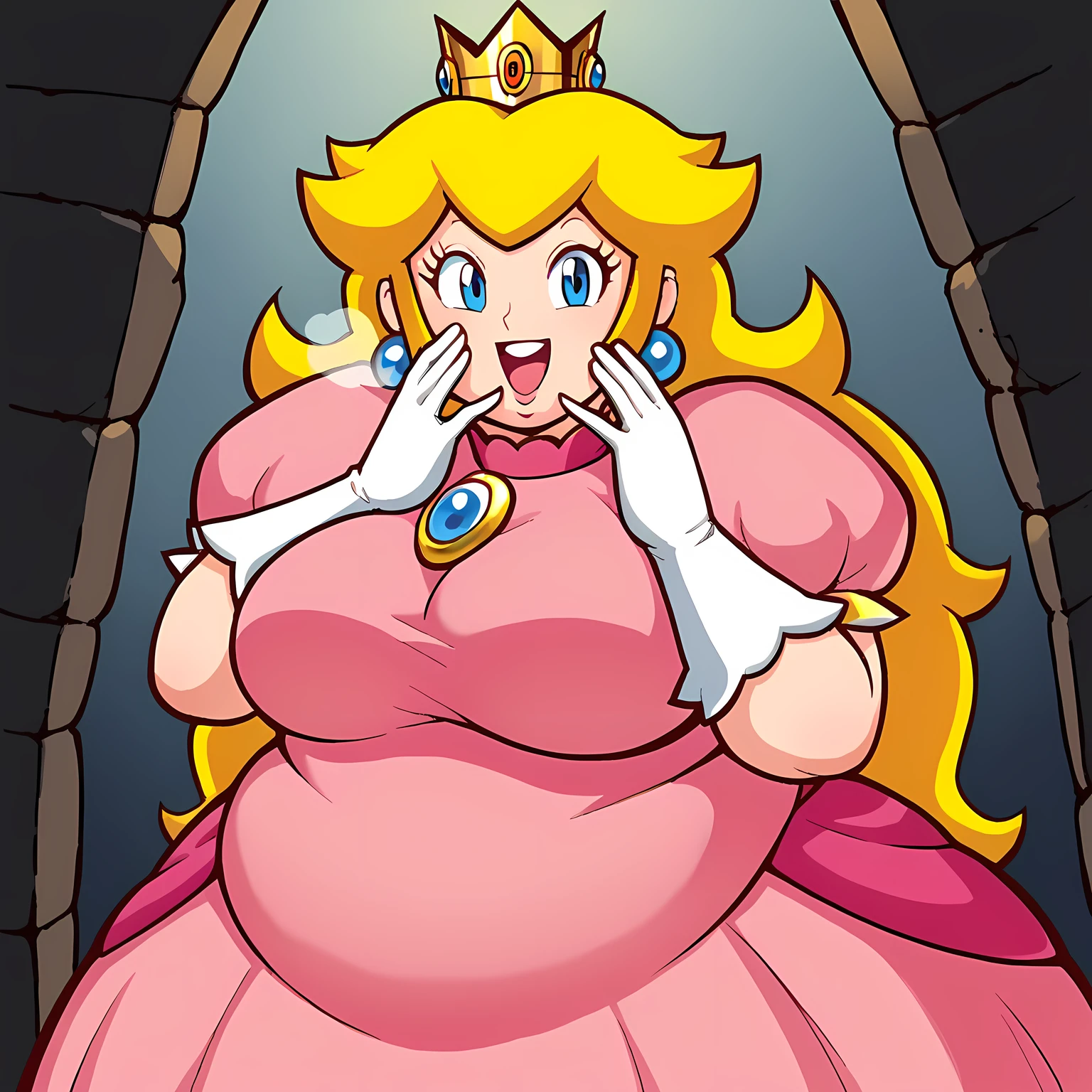 score_9, score_8_up, score_7_up, source_anime, princess peach, blonde hair, blue eyes, long hair,, crown, dress, gem, gloves, pink dress, puffy short sleeves, puffy sleeves, short sleeves, white gloves,, tunnel, dark, underground, passage, walls, smile, ojou-sama pose, laughing, smug, hand to own mouth, open mouth,, looking at viewer, solo,, dutch angle, cowboy shot fat, chubby, obese, gigantic arms and legs, large breasts open mouth, out of breath