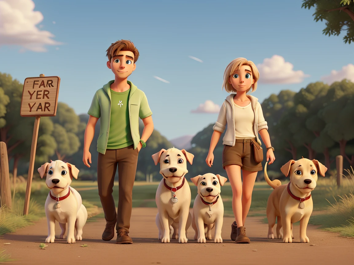 cartoon drawing of two dogs on a leash in a park, animated disney movie inking, published concept art, stylized linework, whole page illustration, by Istvan Banyai, concept art for a video game, by Maksimilijan Vanka, colorkey scene, cartoon concept art