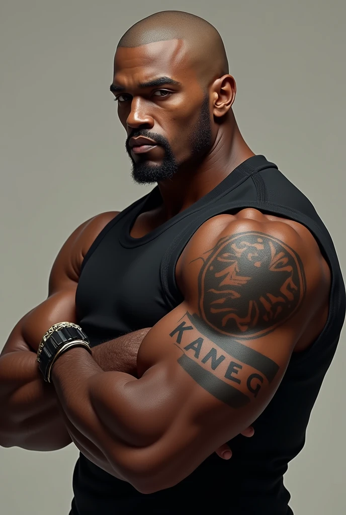 Tall 3 African American man. Standing his arms in front hold his hands down. His eyes are bright hazel. He has tattoos on his arms and writing on his chest. He has facial hair in his chin and above his lips. He is wearing muy thai boxing shorts and he has shorter afro hair 