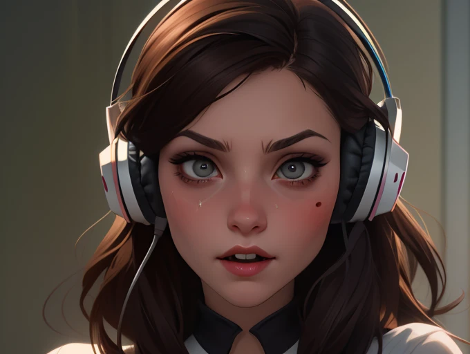 Masterpiece, Best Quality, High Resolution, 1Girl, Ultra High Resolution, Solo D.VA, Headphones, Pink eyes, Brown Hair, White Gloves, Face Decoration, Full Body Shot, Cute, Realistic, Cute Pose, Perfect Body, Cyber Punk background, wet street, Crop Top, Latex leggings, nsfw, cum, sexy, blowjob, sweat, (fellatio:1.4), adorable eyes, ((abs)), sucking penis,