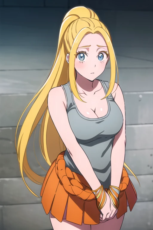 1girl, solo, inoue orihime, long hair, orange hair, (grey eyes:1.5), yellow t shirt, pink skirt, best quality, high resolution, unity 8k wallpaper, (illustration:0.8), (beautiful detailed eyes:1.6), extremely detailed face, perfect lighting, extremely detailed CG, (perfect hands, perfect anatomy),