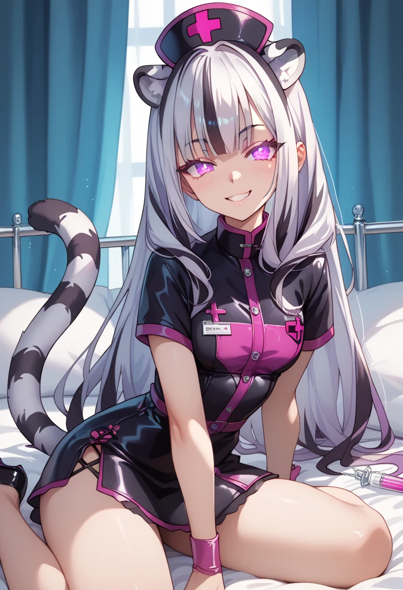 ((masterpiece)), 1girl, solo, long hair, white tiger ears, white tiger tail, open eyes, purple eyes, glowing eyes, sitting on bed, dark nurse outfit, purple outfit, black outfit, multicolored outfit, holding syringe, manic smile, looking at viewer.