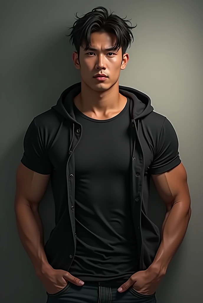 Man in gym with Tight pants and showing his private part, And Wearing black hoodie and with Wolf cut hair style colour black and have Korean handsome face and pale skin have Abs 8 pack and aged 18