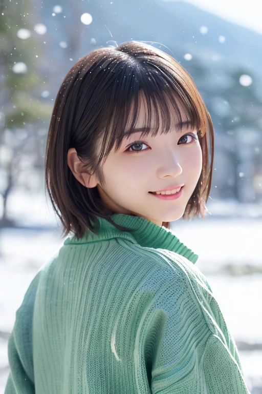 masterpiece,  best quality,  one woman, (Winter clothes、Light Green Sweater:1.2), 20 years old、(RAW 写真 best quality), (reality, reality的:1.4),  sexy、iris、 very detailed eyes and face,  beautiful and detailed nose, beautiful eyes,  perfect anatomy 、 black hair、 shorthair、bangs、 shiny skin、 has red cheeks、A cool smile、 face focus 、  The background is a snowy mountain 、Lighting from behind