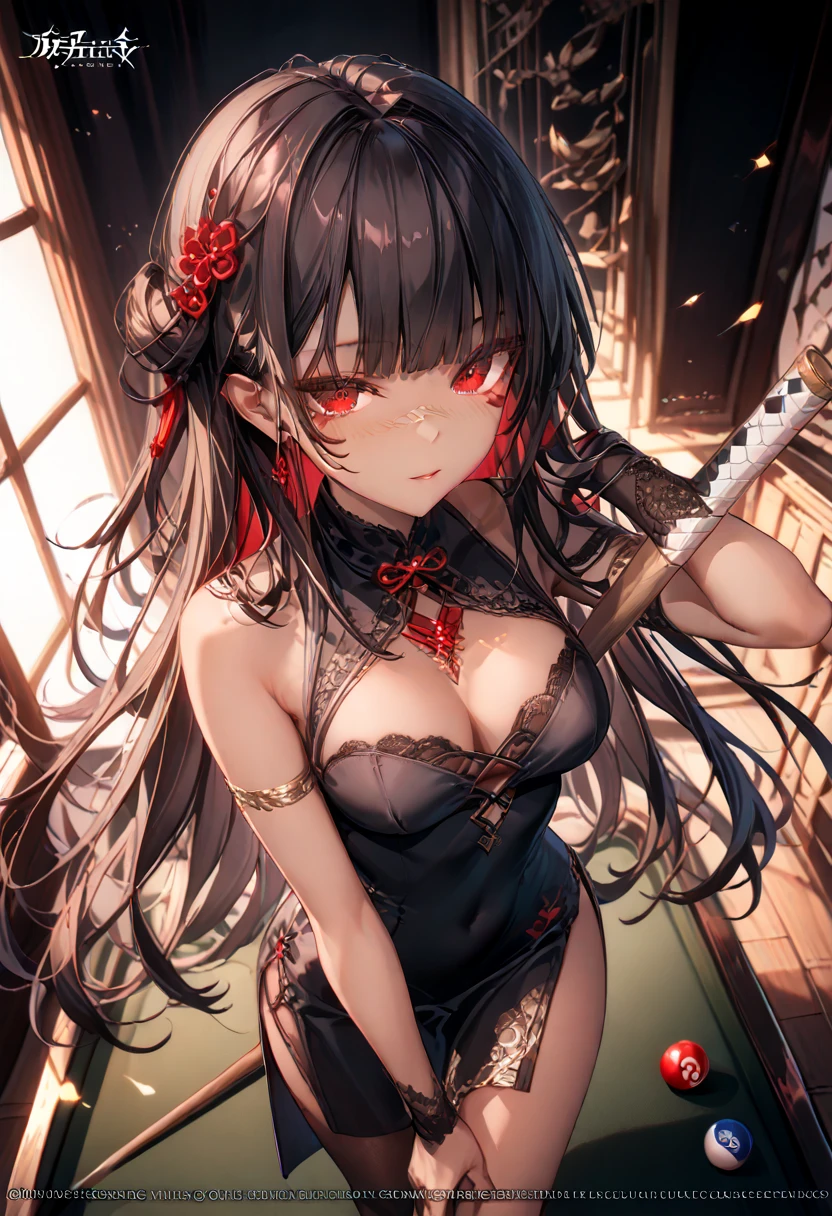 (masterpiece,   high quality  ,  best size   ,   official art ,   beautiful and aesthetic  :1.2), ((dark skin)), ((  1girl)),   in extremely detailed detail ,  BREAK,   incredibly detailed face, Eye details, blunt bangs,  passion, girl playing ,  erotic pose,  standing, in a short Chinese dress, billiards 