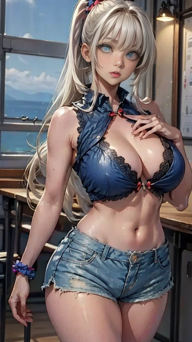 muramai, mura mai, long hair, bangs, blue eyes, blonde hair, scrunchie, hair scrunchie, ponytail, blunt bangs, (large breasts:1.2),
BREAK shirt, sleeveless, blue shirt, collared shirt, cleavage, shorts,
BREAK indoors, classroom,
BREAK looking at viewer, (cowboy shot:1.5),
BREAK (masterpiece:1.2), best quality, high resolution, unity 8k wallpaper, (illustration:0.8), (beautiful detailed eyes:1.6), extremely detailed face, perfect lighting, extremely detailed CG, (perfect hands, perfect anatomy), adjust cloth, adjust, realistic, realism, shiny skin, full body look, change pose to sexy poses, non nude, young girl 30 years old, perfect finger, beauty japanese face, big breast, non naked, muscle body, fit body, non nsfw, bokeh background