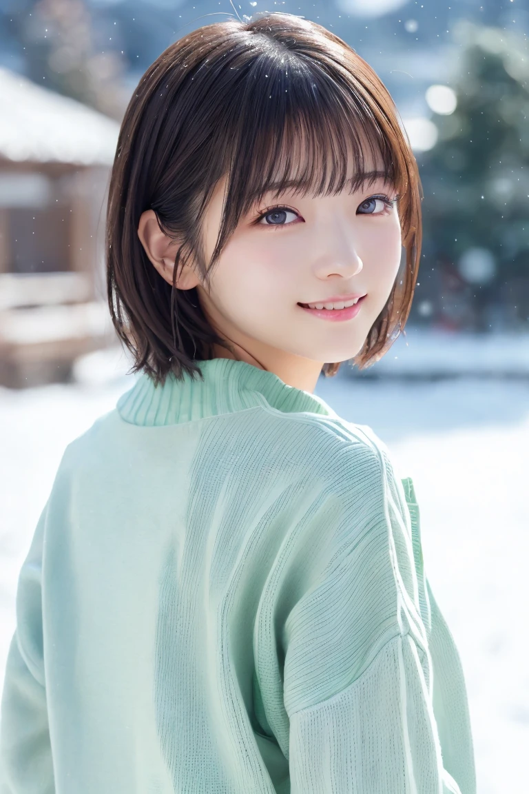 masterpiece,  best quality,  one woman, (Winter clothes、Light Green Sweater:1.2), 20 years old、(RAW 写真 best quality), (reality, reality的:1.4),  sexy、iris、 very detailed eyes and face,  beautiful and detailed nose, beautiful eyes,  perfect anatomy 、 black hair、 shorthair、bangs、 shiny skin、 has red cheeks、A cool smile、 face focus 、  The background is a snowy mountain 、Lighting from behind