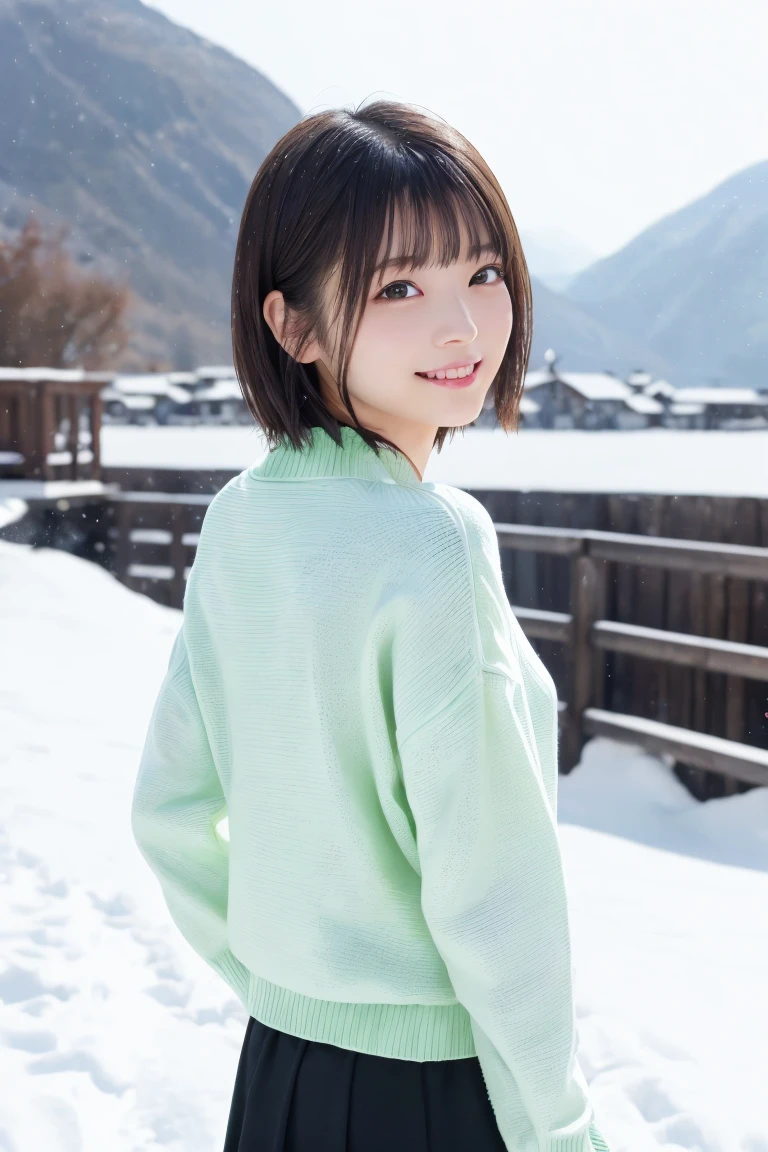 masterpiece,  best quality,  one woman, (Winter clothes、Light Green Sweater:1.2), 20 years old、(RAW 写真 best quality), (reality, reality的:1.4),  sexy、iris、 very detailed eyes and face,  beautiful and detailed nose, beautiful eyes,  perfect anatomy 、 black hair、 shorthair、bangs、 shiny skin、 has red cheeks、A cool smile、 face focus 、  The background is a snowy mountain 、Lighting from behind