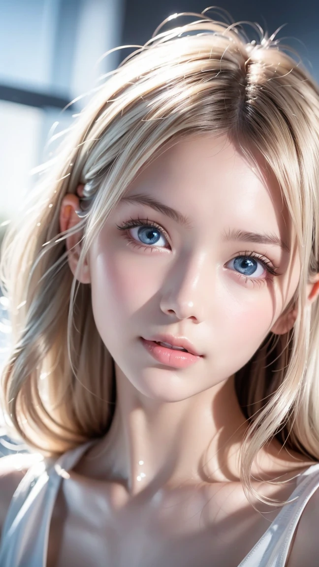 the portrait of a girl looking at the camera who has round face, Blonde girl, seductive looks, realistic, high details,8k, intricate details