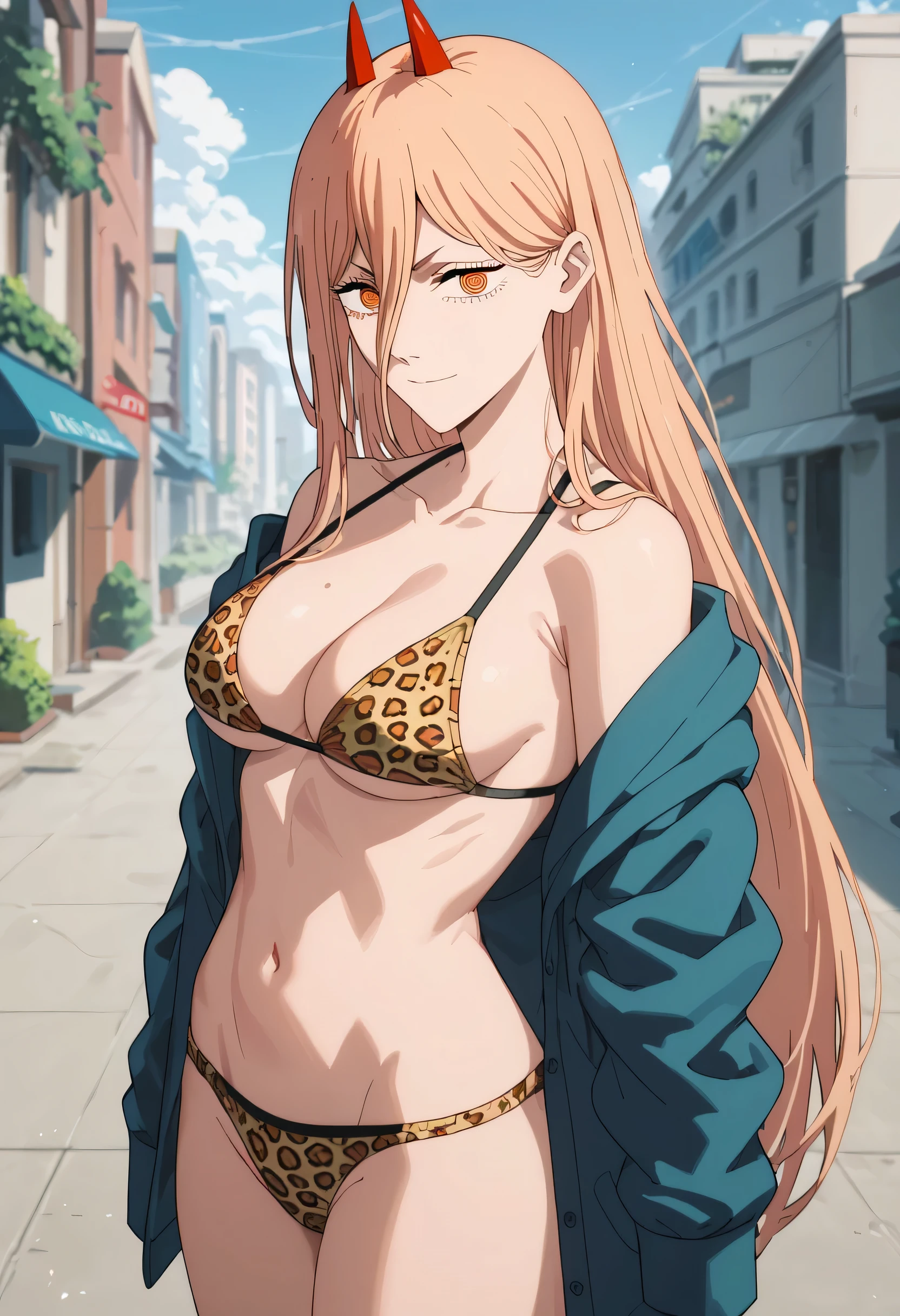 ore_9, score_8_up, score_7_up, score_6_up, score_5_up, score_4_up, best quality, masterpiece, colorful, very aesthetic, anime, 1girl, p0w3r0x1, long hair, blonde hair, red horns, demon pupils, leopard pattern bikini, power from chainsaw man