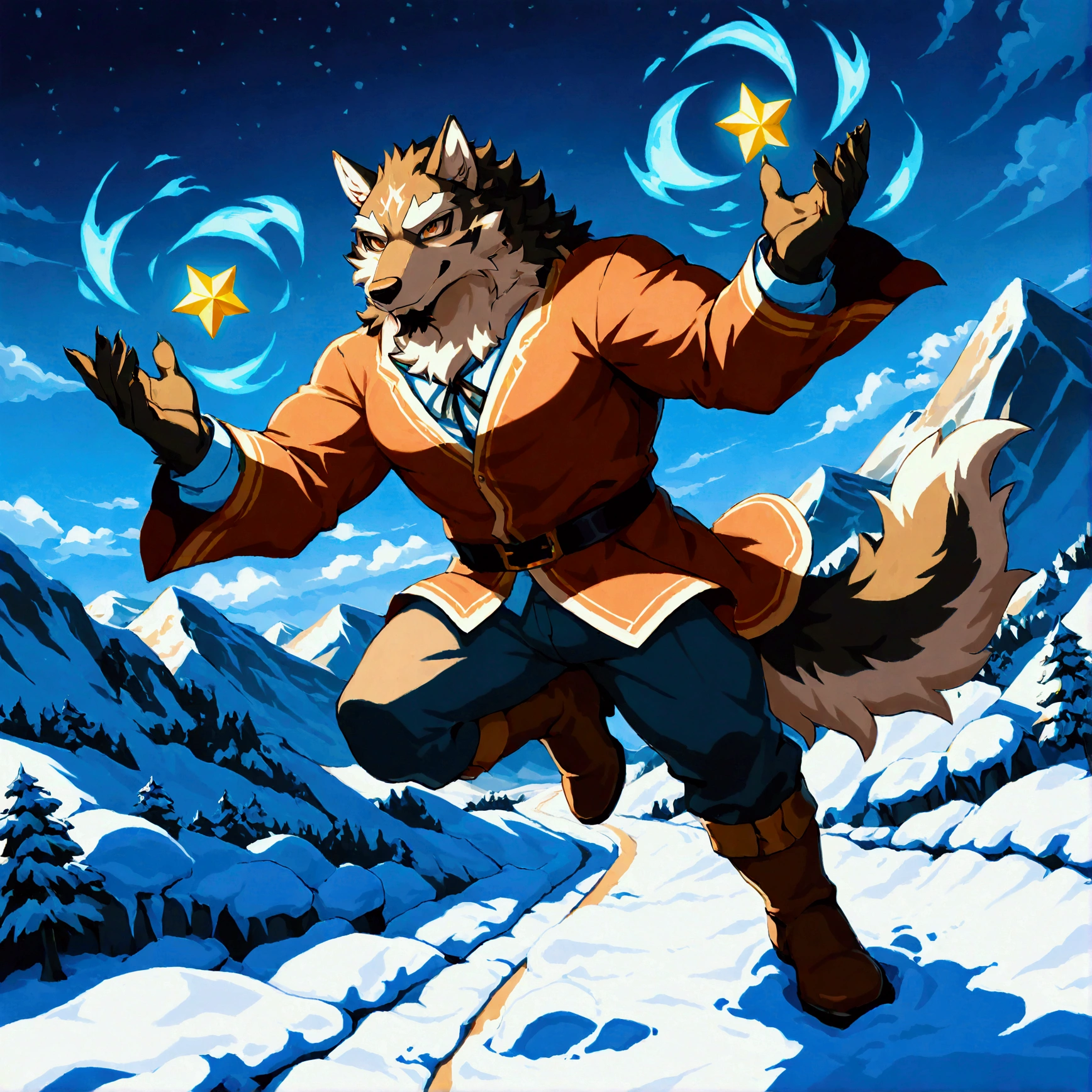 character focus, full body, looking away, various angle, european fantasy, wizard, a muscular middle-aged wolf man, heroic costume clothes, robe, shirt, pants, boots, magical starry stick casting tornado magic, cutting wind effect, dynamic pose, BREAK complete anatomy, perfect proportions, beautiful thigh gap, fluffy body, intricate fur details, beautiful fur texture, BREAK a detailed wolf 1tail, detailed boots, detailed foot, detailed hands, 5fingers, 5fingers nails, BREAK aesthetic anime face, insanity detailed face, male face, big face, square jawline, aesthetic anime eyes, detailed brown eyes, detailed brown cornea, detailed dark brown irises, detailed pupils, male eyes, big eyes, male eyebrows, innocent look, beautiful beard, BREAK full body in Michelangelo Buonarroti style, digital illustration anime, housamo style, detailed painting landscape, snow mountain, path, outdoor, full color, HDR, BREAK masterpiece, official art, best quality, very aesthetic, absurdres, super fine illustration, great quality, BREAK noise reduction, very highres, large filesize, high quality, 32K, 8k wallpaper, dynamic lighting, BREAK insanity detailed, ultra detailed, intricate details, extremely detailed, detailed texture, an extremely delicate and beautiful, BREAK osukemo, e621 illustration, kemohomo, anthropomorphic, furry, cartoon, harmonious body, pastoral face, virtuous eyes, epic atmosphere