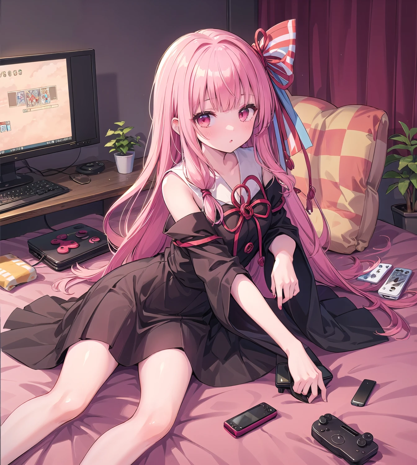 (masterpiece, Highest quality:1.2),One person, Kotonoha Akane,((hair ribbon:1.2)),((Playing games:1.3)),ゲーム機を持つ,lie on the bed:1.3,,Hair ribbon paper,Black Dress,Wide sleeves,Exposing shoulders,Pink Hair
