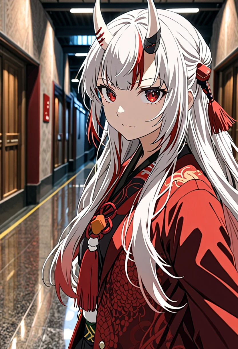 8K Ultra High-Quality, ultra-detailed, High quality, Nakiri ayame, white oni horns, long hair, suit with red trimings, close up, full body, hallway background