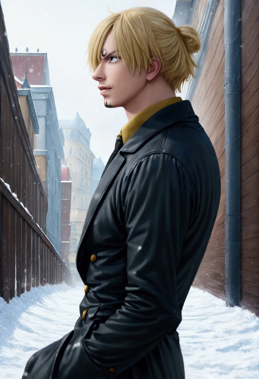 1man, sanji in anime one piece, short hair , yellow hair, black eyes, handsome, black clothes, winter outfit, realistic clothes, detail clothes, city background, snowfall in city, snow everywhere, ultra detail, realistic, 8k, Hd