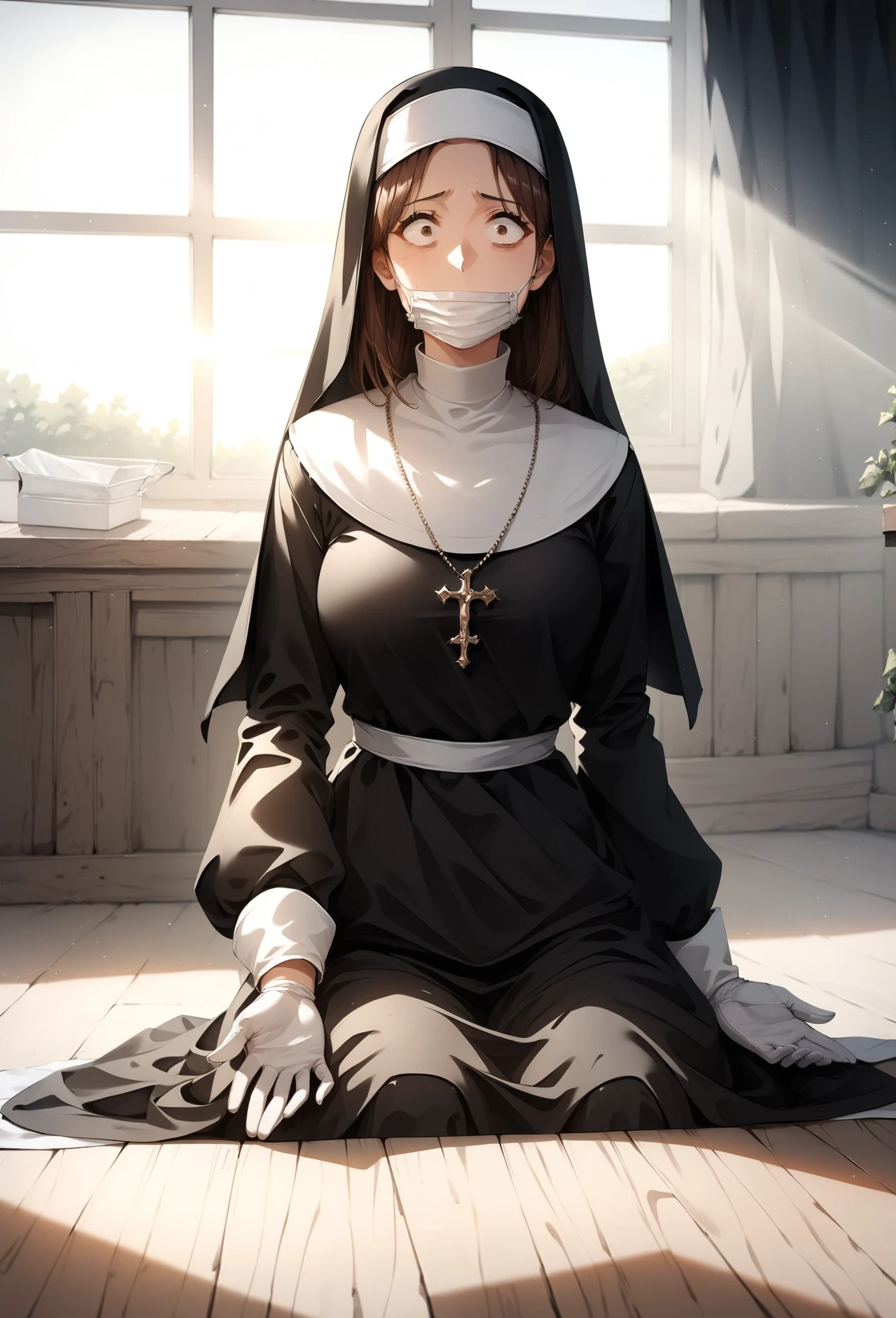  unaestheticXL_cbp62, Anime-style character, source_anime, neolight, backlighting, light rays, 1girl, adult woman, beautiful, best perfect anatomy, A pale anime mature woman, nun (black nun habit, white glove, wearing white surgical mask), 1 woman, lonely, deep brown eyes, long hair, deep brown hair, straight hair, waist length hair, Pretty Face, cute, anime girl with Surprise face, Constricted pupils, depressing face, scared, traumatized, Fear, looking a view, she sit on the floor, she hand on thigh, side sitting position, medium Up, Single Shot, Shooting from the person,(background : medieval storage room, very small space),