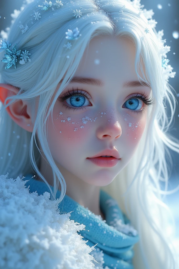portrait, High quality, Little Ukrainian Fairy Girl Winter Snow In Forest Through Trees About 10 years old, yeux bleus, peau lisse, ((Best quality, 8k, Masterpiece :1.3)), 1fille, Jolie fille , casual outfit :1.2, in the forest, Ultra-detailed face, detailled eyes, double eyelidwork