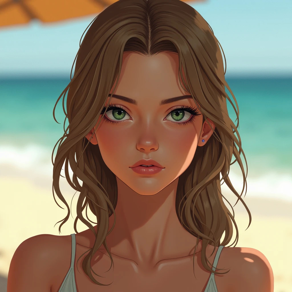 1girl in, age19, Solo, Long hair, Colossal , Looking at Viewer, blondehair, Bare shoulders, Brown eyes, jewely, Full body, a necklace, off shoulders, Sweaters, Realistic, A sexy, cleavage, medium breasts, bikini, sexy ass