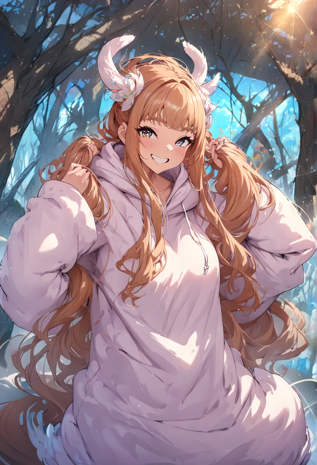 (  Masterpiece :1.2,   best quality), ( It's high definition ),     1 girl  ,  long legs ,   long hair,   oversized hoodie,   standing, smile,   original character  , Volumetric Light,  Best Shadow ,   Shallow Depth of Field , (   best quality , Amazing Details:1.25),  Colorful painting  (Big Breasts: 1. 2,),