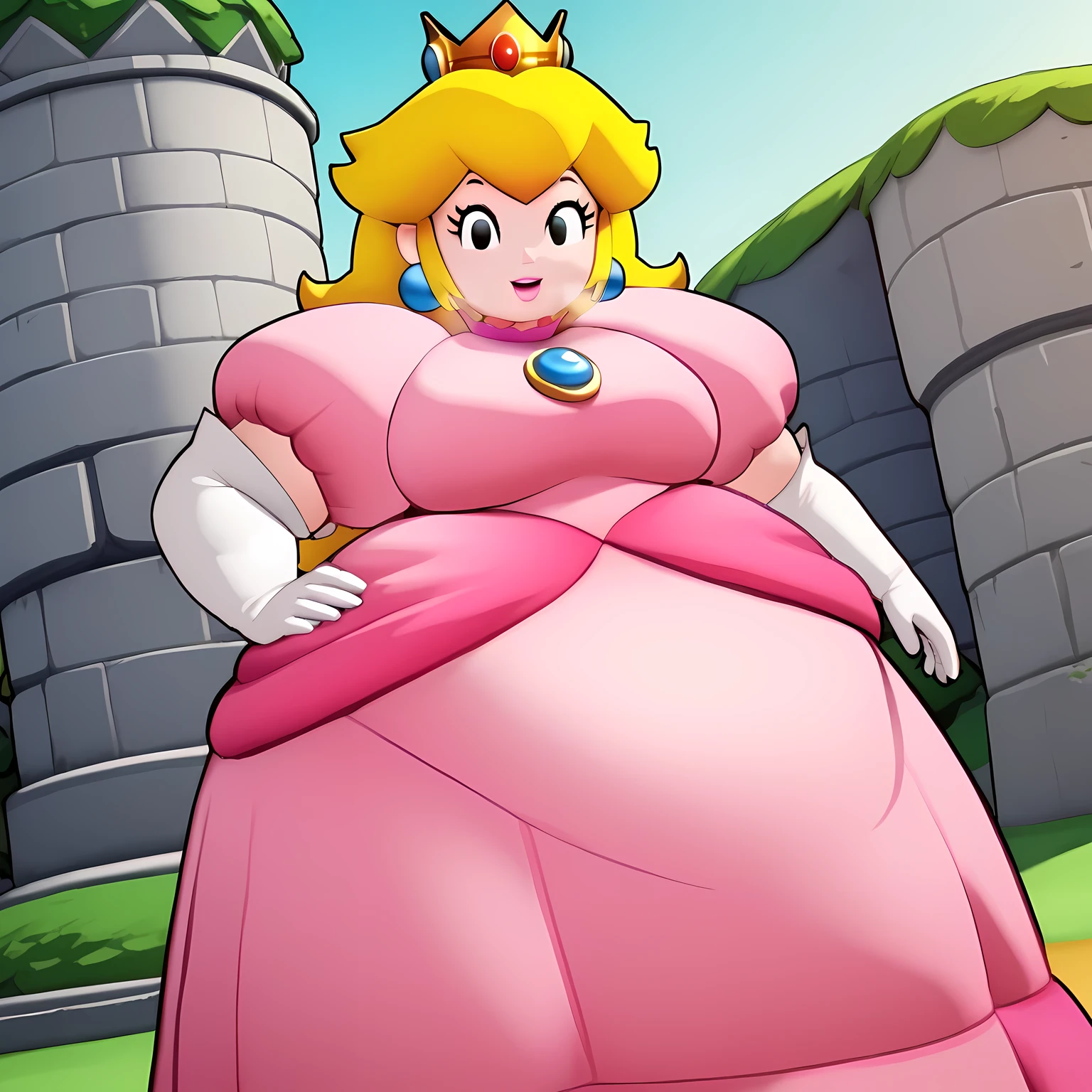 score_9, score_8_up, score_7_up, source_anime, princess peach, blonde hair, black eyes, long hair,, crown, dress, gem, gloves, pink dress, puffy short sleeves, puffy sleeves, short sleeves, white gloves,, castle, stone, towers, medieval, royalty, smile, smug, hand on own hip,, looking at viewer, solo,, dutch angle, cowboy shot,  fat, chubby, obese, gigantic arms and legs, large breasts open mouth, out of breath