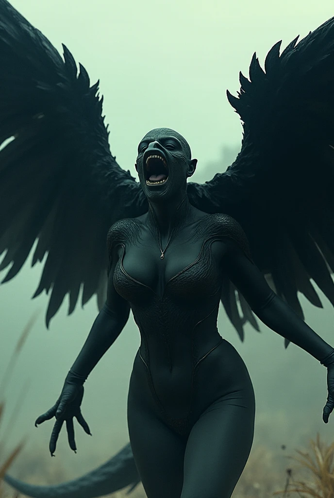 Cinematic Hybrid: She transforms into a giant creature with two enormous wings filled with black feathers, a large body resembling a woman with large pointed breasts, a head resembling a woman with a predatory beak, and hands ending in metal claws. Her large, bulky body is surrounded by a dark aura, and her voice is a loud scream that causes earthquakes.