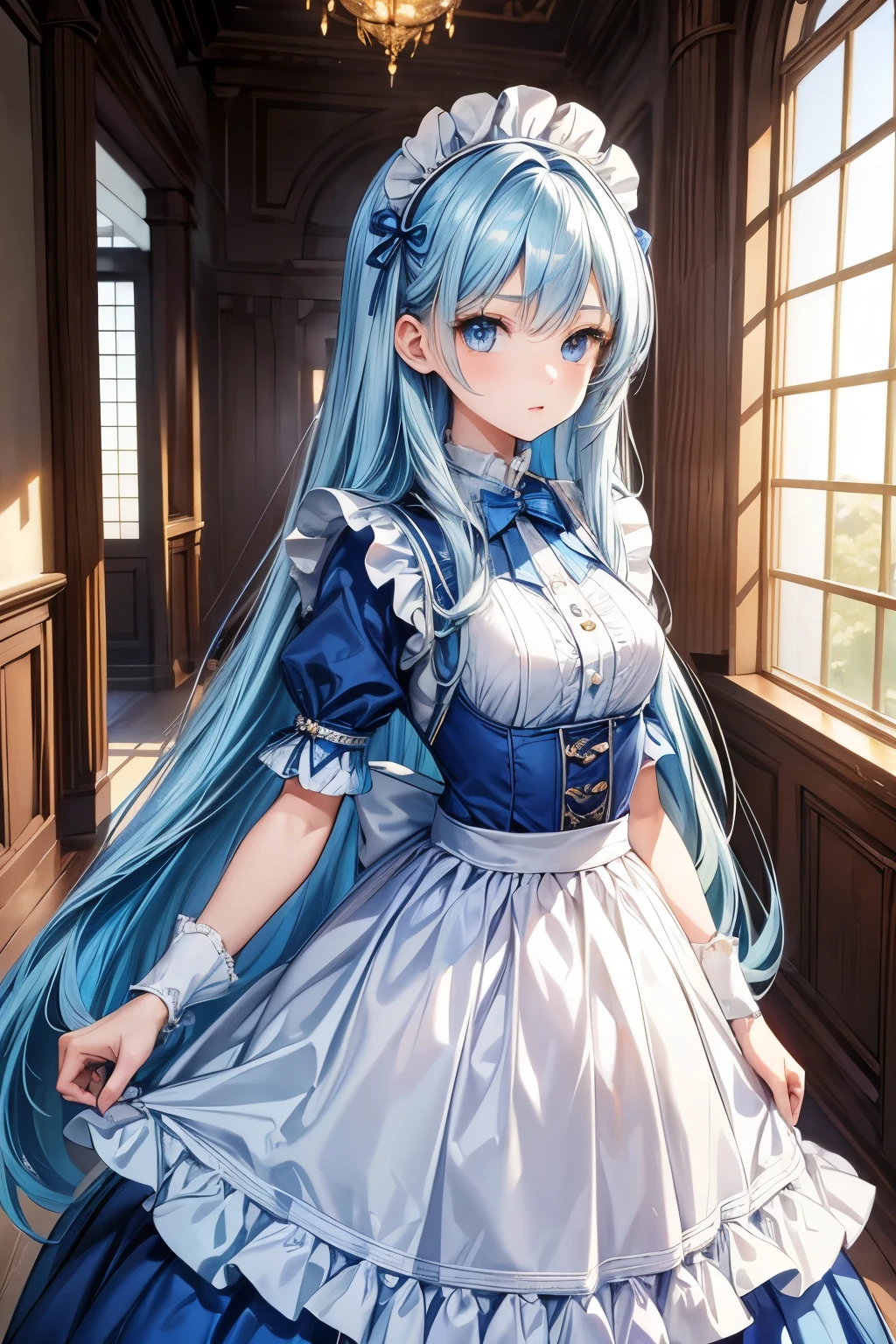 masterpiece, best quality, very detailed, pretty girl, ager, smaller breasts, Thin Waist,long straight hair, blue hair , perfect eyes, so cute,slender, Blue Maid Outfit, long skirt ,A large number of maids line up,Hall