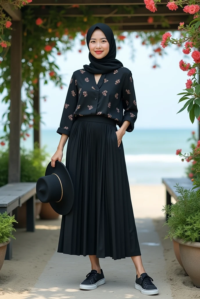 (A realistic image of.2)  a beautiful Asian woman wearing a hijab and a long-sleeved black shirt, red skirt, black shoes, and with a large, prominent bust. She has a funny leg pose and is standing on a rice paddy path. She is smiling slightly, with thick eyebrows, thin cheeks, pink lipstick, and yellow SOFLEN contact lenses.