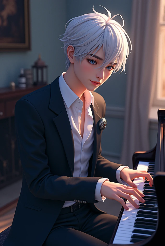  animation style ， Silver-white Fragmented Cap Hair, Silver-white eyebrows ， Blue eyes Denim eyes ，Smooth lower jaw line , Nose high Cheeks Full ，corners of mouth raised， Height 185cm Male ， Picture playing piano 