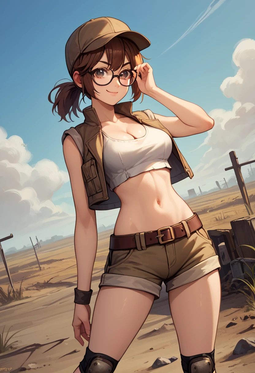 score_9, score_8_up, score_7_up, source_anime, fiogermi,fio germi, brown hair, glasses, medium hair, ponytail, brown eyes, crop top, hat, jacket, knee pads, shorts, sleeveless, navel, belt, outdoors, wasteland, standing , smug , cleavage, looking at viewer, dynamic pose , dutch angle, solo,