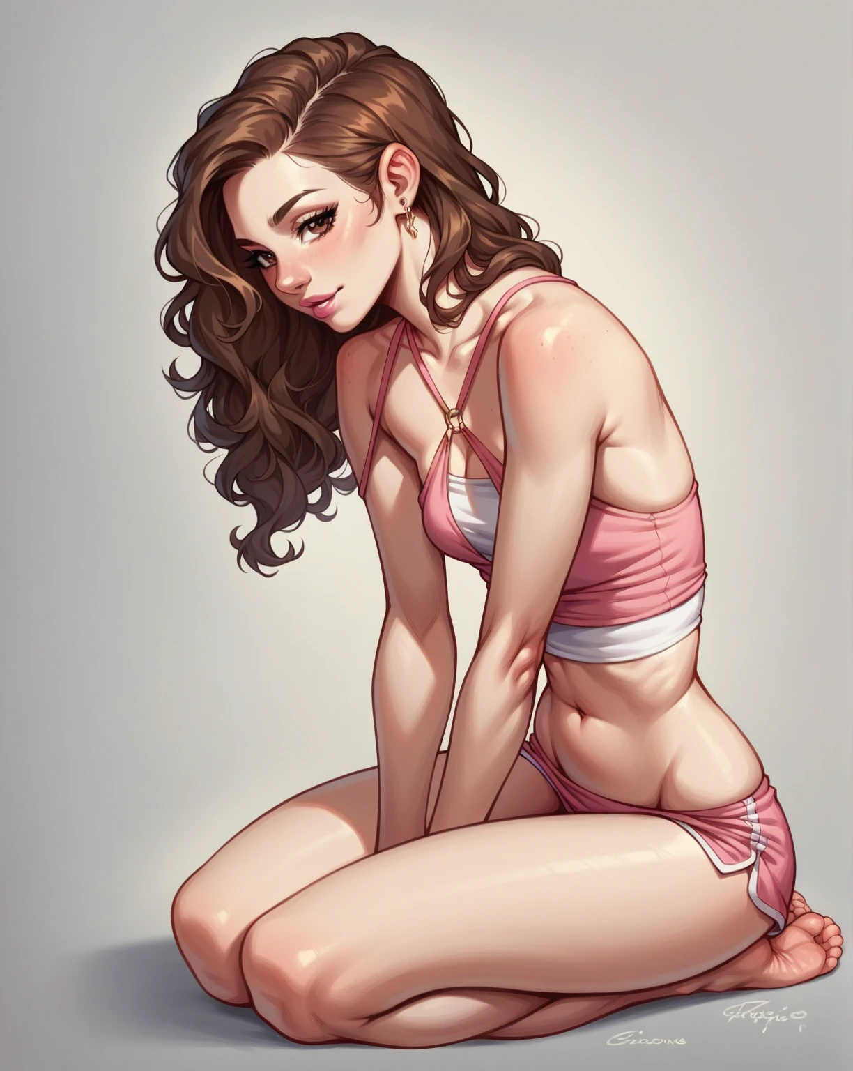  teenager, 1.60 meters tall, thin and petite, with soft curves, brown eyes and brown hair and shoulder-length curls, pink lips and a small, upturned nose, soft, white skin, small, round tits, kneeling, bare feet, full body.
