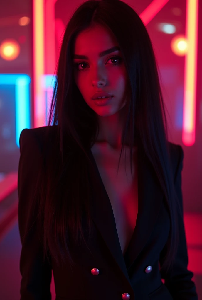 A photography style character,next to the tik tok logo.the character wears a black leather jumpsuit,black Chanel hair.,eyes slightly slanted,Very light brown eyes,black pump heel.