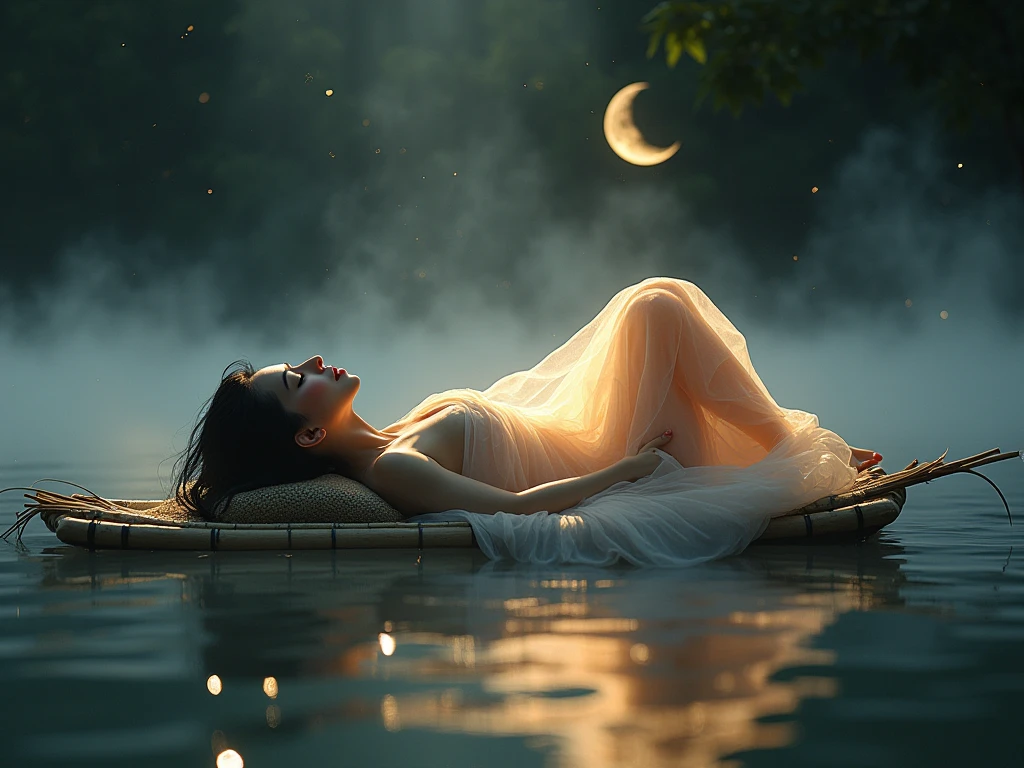 photorealistic of a stunningly beautiful goddess lying down on a bamboo raft, wrapped in tulle sheet bare skin, black short hair, lying back stance, surrounded by a whirl-water and glittering fog, amidst a surreal,as a burst of light illuminates her perfect, radiant features, with a mesmerizing, cinematic glow, and dynamic, intricate details, in a highly realistic, low angle shot, dark crescent moon(bigger size) reflected on the water as background scene