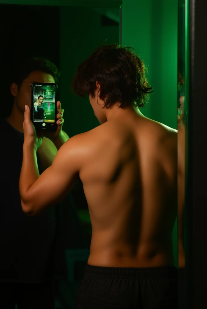 18 year old boy, turkish, semi tanned pale skin,messy hair, long hair,brunnete, taking a mirror pic, showing back,back angle pic,buffed back,gym back,phone camera mirror pic,iphone 13,phone in hand,dark ambience pic,dark green tritone ambience,hyper realistic,real world lighting,realistic skin texture,realistic skin lighting reflection
