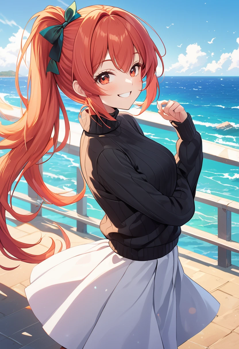 A beautiful anime-style female character with long red-peach hair tied in a low ponytail with a ribbon, smiling brightly. She is posed at a 90° angle to the camera, with her face turned toward the camera and her hands behind her back. She is wearing a black turtleneck sweater paired with a flowing white skirt. Her hair and skirt are gently blown by the wind. The background is a sunny seaside road with a clear blue sky and a distant ocean view, creating a vibrant and breezy atmosphere. High detail, soft shading, and vibrant colors