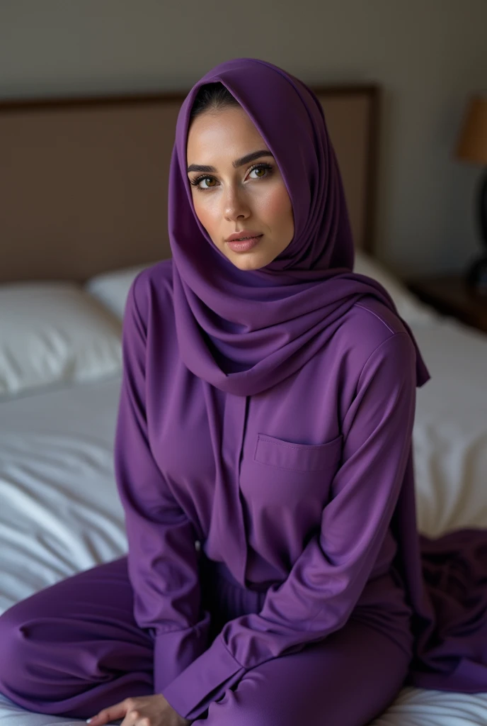 A woman is sitting on her birthday wearing a purple dress, wear a headscarf, 