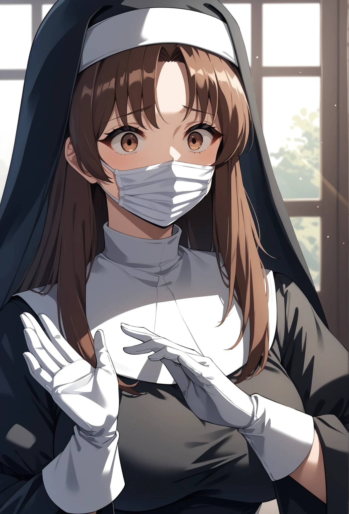  unaestheticXL_cbp62, Anime-style character, source_anime, neolight, backlighting, light rays, 1girl, adult woman, beautiful, best perfect anatomy, A pale anime mature woman, nun (black nun habit, white glove, wearing white surgical mask), 1 woman, lonely, deep brown eyes, long hair, deep brown hair, straight hair, waist length hair, Pretty Face, cute, anime girl with Surprise face, Constricted pupils, depressing face, scared, traumatized, Fear, looking a view, all fours, medium Up, Single Shot, Shooting from the person,(background : medieval storage room, very small space),