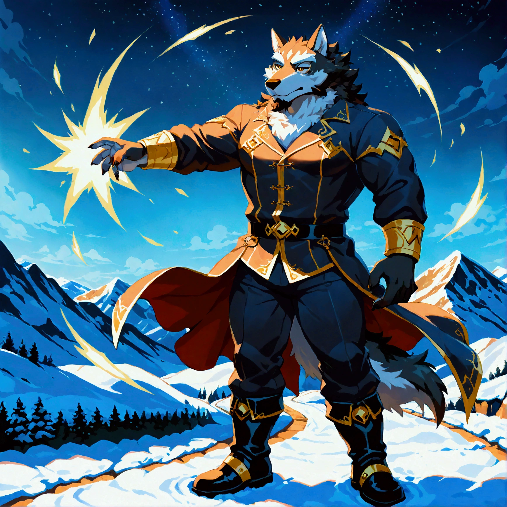 character focus, full body, looking away, various angle, european fantasy, wizard, a muscular middle-aged wolf man, heroic costume clothes, robe, shirt, pants, boots, magical starry stick casting tornado magic, cutting wind effect, dynamic pose, BREAK complete anatomy, perfect proportions, beautiful thigh gap, fluffy body, intricate fur details, beautiful fur texture, BREAK a detailed wolf 1tail, detailed boots, detailed foot, detailed hands, 5fingers, 5fingers nails, BREAK aesthetic anime face, insanity detailed face, male face, big face, square jawline, aesthetic anime eyes, detailed brown eyes, detailed brown cornea, detailed dark brown irises, detailed pupils, male eyes, big eyes, male eyebrows, innocent look, beautiful beard, BREAK full body in Michelangelo Buonarroti style, digital illustration anime, housamo style, detailed painting landscape, snow mountain, path, outdoor, full color, HDR, BREAK masterpiece, official art, best quality, very aesthetic, absurdres, super fine illustration, great quality, BREAK noise reduction, very highres, large filesize, high quality, 32K, 8k wallpaper, dynamic lighting, BREAK insanity detailed, ultra detailed, intricate details, extremely detailed, detailed texture, an extremely delicate and beautiful, BREAK osukemo, e621 illustration, kemohomo, anthropomorphic, furry, cartoon, harmonious body, pastoral face, virtuous eyes, epic atmosphere