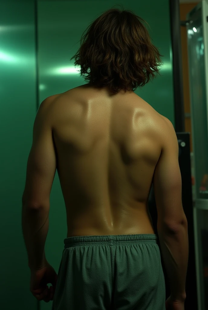 18 year old boy, turkish, semi tanned pale skin,messy hair, long hair,brunnete, taking a mirror pic, showing back,back angle pic,buffed back,gym back,phone camera mirror pic,iphone 13,phone in hand,dark ambience pic,dark green tritone ambience,hyper realistic,real world lighting,realistic skin texture,realistic skin lighting reflection
