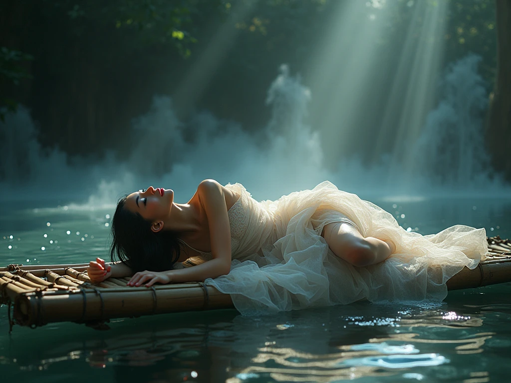 photorealistic of a stunningly beautiful goddess lying down on a bamboo raft, wrapped in tulle sheet bare skin, black short hair, lying back stance, straightened legs, surrounded by a whirl-water and glittering fog, amidst a surreal,as a burst of light illuminates her perfect, radiant features, with a mesmerizing, cinematic glow, and dynamic, intricate details, in a highly realistic, low angle shot, dark crescent moon(bigger size) reflected on the water as background scene