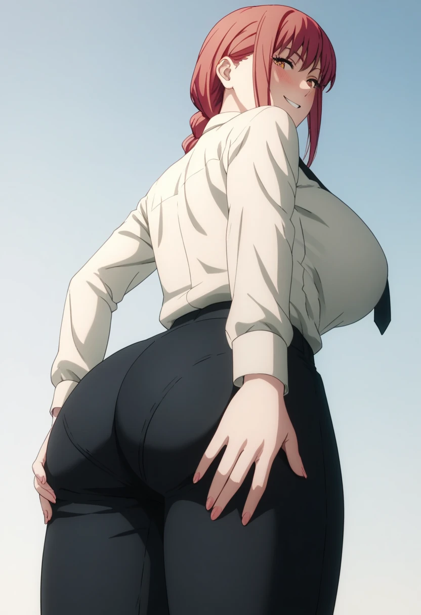 cowboy shot, solo, showing ass, [[[((thicc))]]], 1ponygirl, 4k, perfect lighting, extreme detail, detailed, sexy, anime girl, fat ass, tall female, blank white background, ((from behind)), ass, huge breasts, (((1girl))), (((solo))), (((curvy))), blushing, smirking, 1girl, mak1ma0, red hair, long hair, ringed eyes, braided ponytail, white collared shirt, black necktie, black pants, holding up ass cheeks with both hands from below