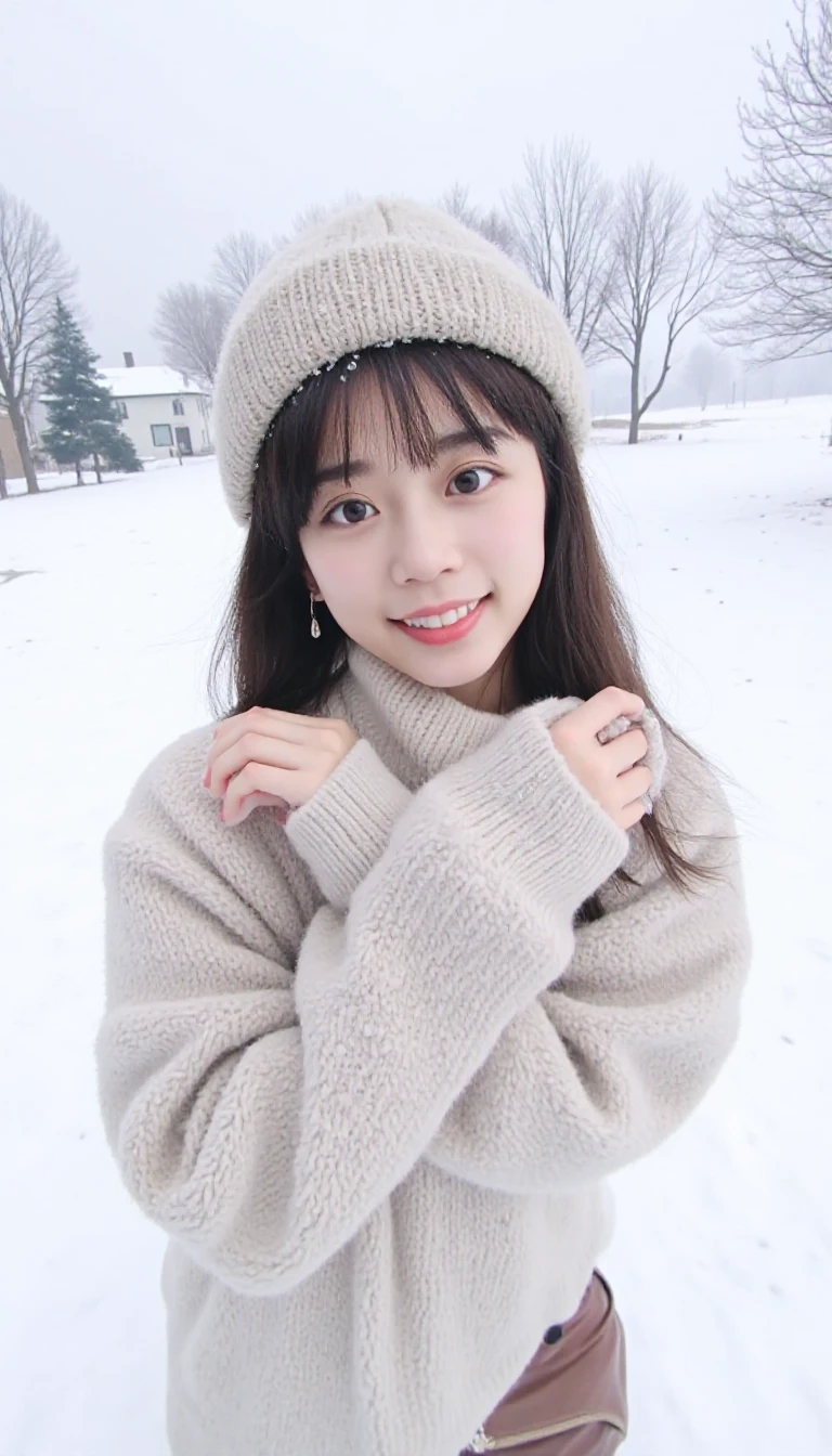 ((The woman I love、The woman I love))、Perfect appearance、Appearance:1.3、(​masterpiece,high-level image quality,hightquality)、Beautiful realistic Japan person、爆乳、Clear department、Beautiful poses、Someone's love will kill you、Lovely love、Winter coat、Gloved hands、Big snowman on the ground、snowscape、natural、Winters、