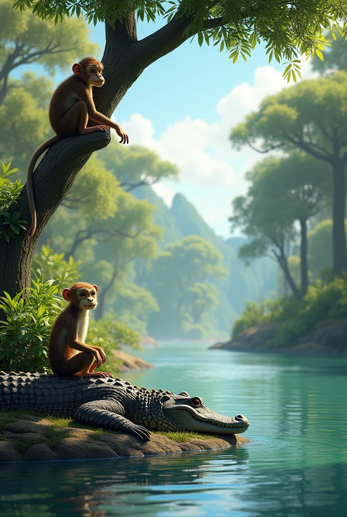 an orangutan, a duck and a gorilla sitting on the banks of a river talking