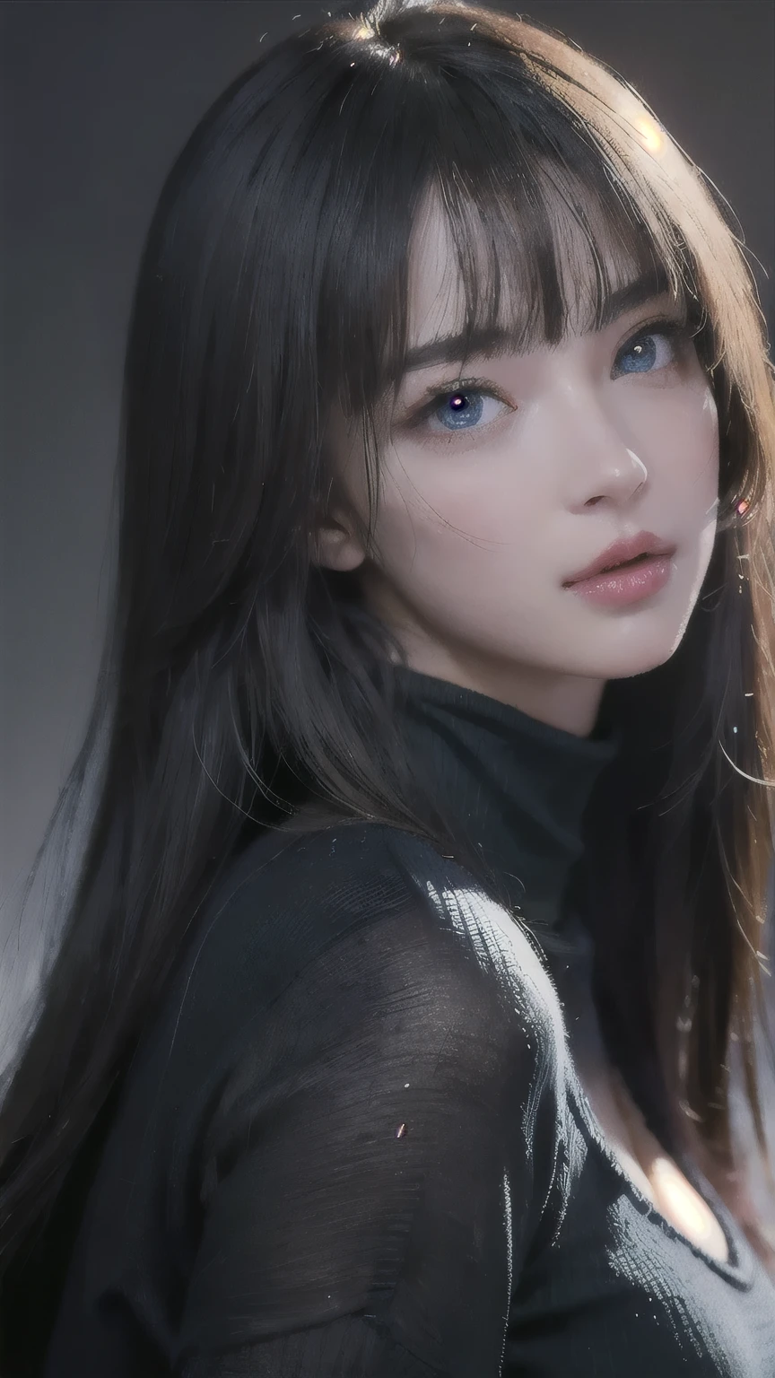 masterpiece, best quality, ultra-detailed, intricately detailed hyperdetailed, realistic, sharp features, highly detailed, sharp focus, perfect face, perfect face, perfect symmetrically perfect eyes, perfect full lips, flexible female form, cinematic, film light, hyper detailed, hyper realistic, high resolution, vibrant, dynamic studio lighting, ((Dark background)), Sexy face, Facial expressions when receiving pleasure, straight Bangs, Big breasts, Exposed cleavage, blue Eyes,black sweater, cowboy shot,