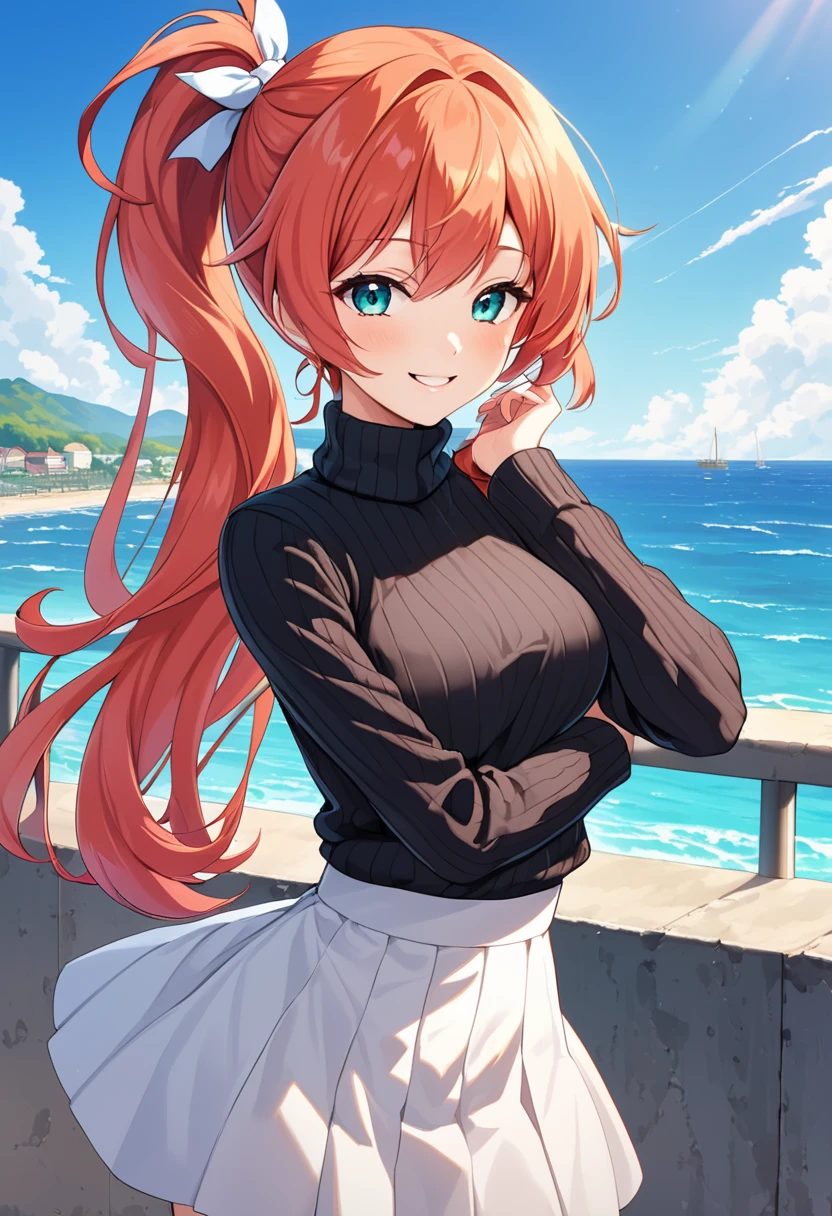 A beautiful anime-style female character with long red-peach hair tied in a low ponytail with a ribbon, smiling brightly. She is posed at a 90° angle to the camera, with her face turned toward the camera and her hands behind her back. She is wearing a black tight turtleneck sweater paired with a flowing white skirt. Her hair and skirt are gently blown by the wind. The background is a sunny seaside road with a clear blue sky and a distant ocean view, creating a vibrant and breezy atmosphere. High detail, soft shading, and vibrant colors