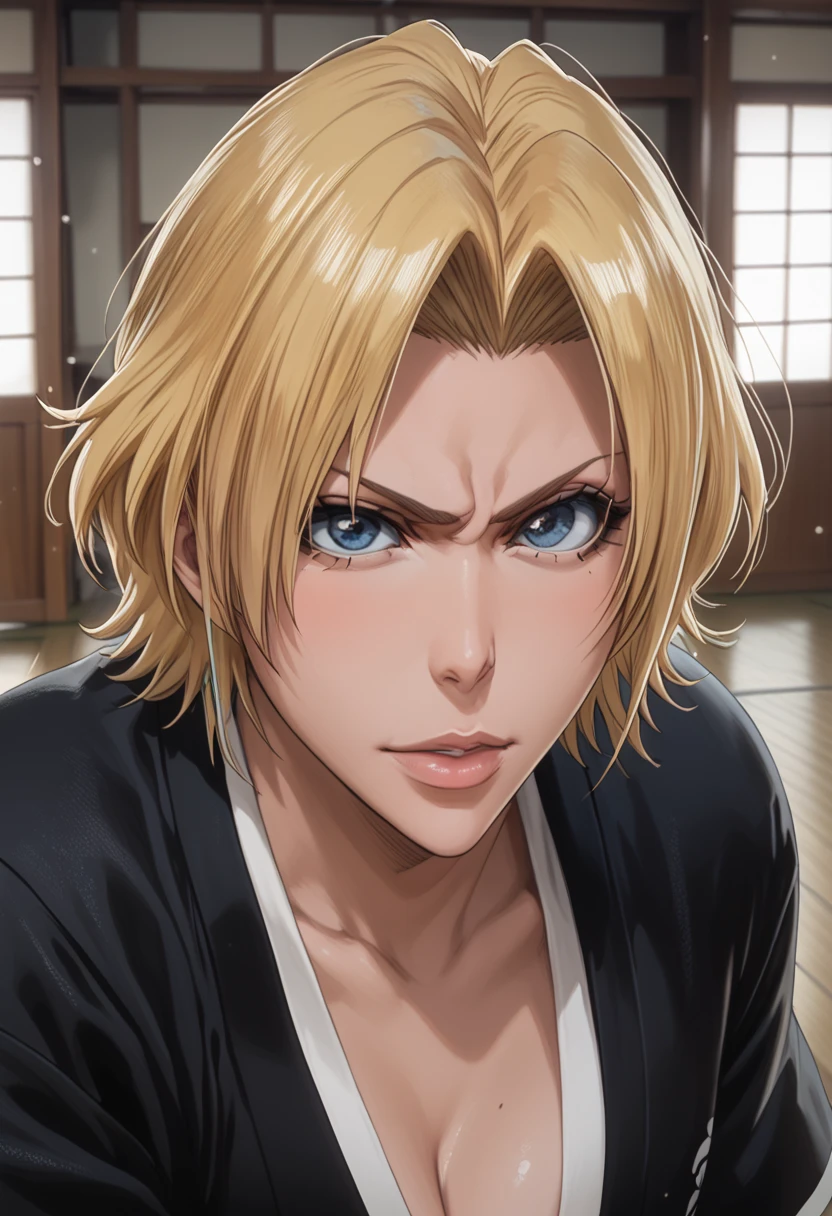 matumoto rangiku, blonde hair, blue eyes, short bob with Inner flap, huge breats, black kimono, Japanese style room, Mole on the lower right side of the mouth, Bangs style