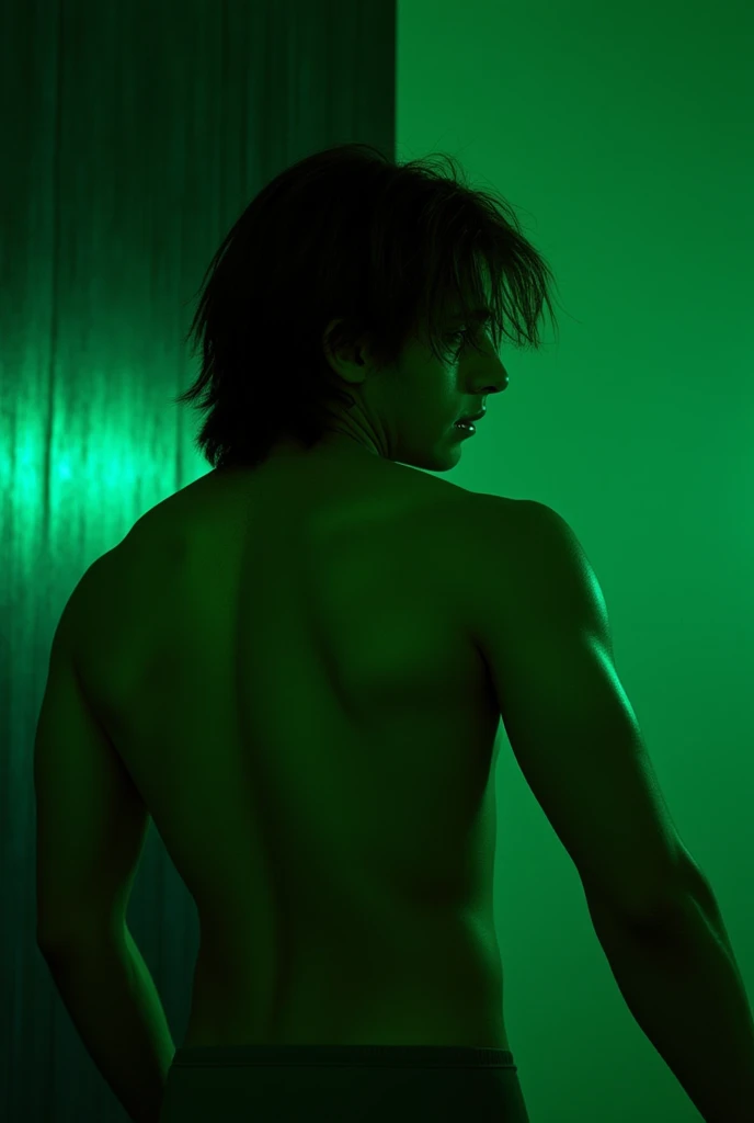 18 year old boy, turkish, semi tanned pale skin,messy hair, long hair,brunnete, taking a mirror pic, showing back,back angle pic,buffed back,gym back,phone camera mirror pic,iphone 13,phone in hand,dark ambience pic,dark green tritone ambience,hyper realistic,real world lighting,realistic skin texture,realistic skin lighting reflection
