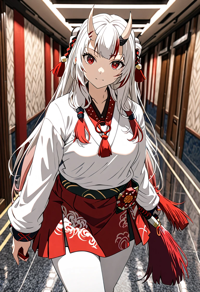 8K Ultra High-Quality, ultra-detailed, High quality, Nakiri ayame, white oni horns, long hair, white sweater with red trimings, spandex pants, skirt, boots, close up, full body, hallway background